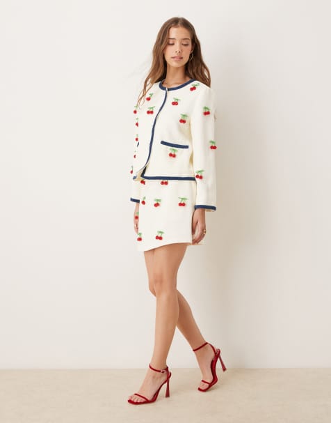 Sister Jane cherry embellished tweed mini skirt co-ord in cream