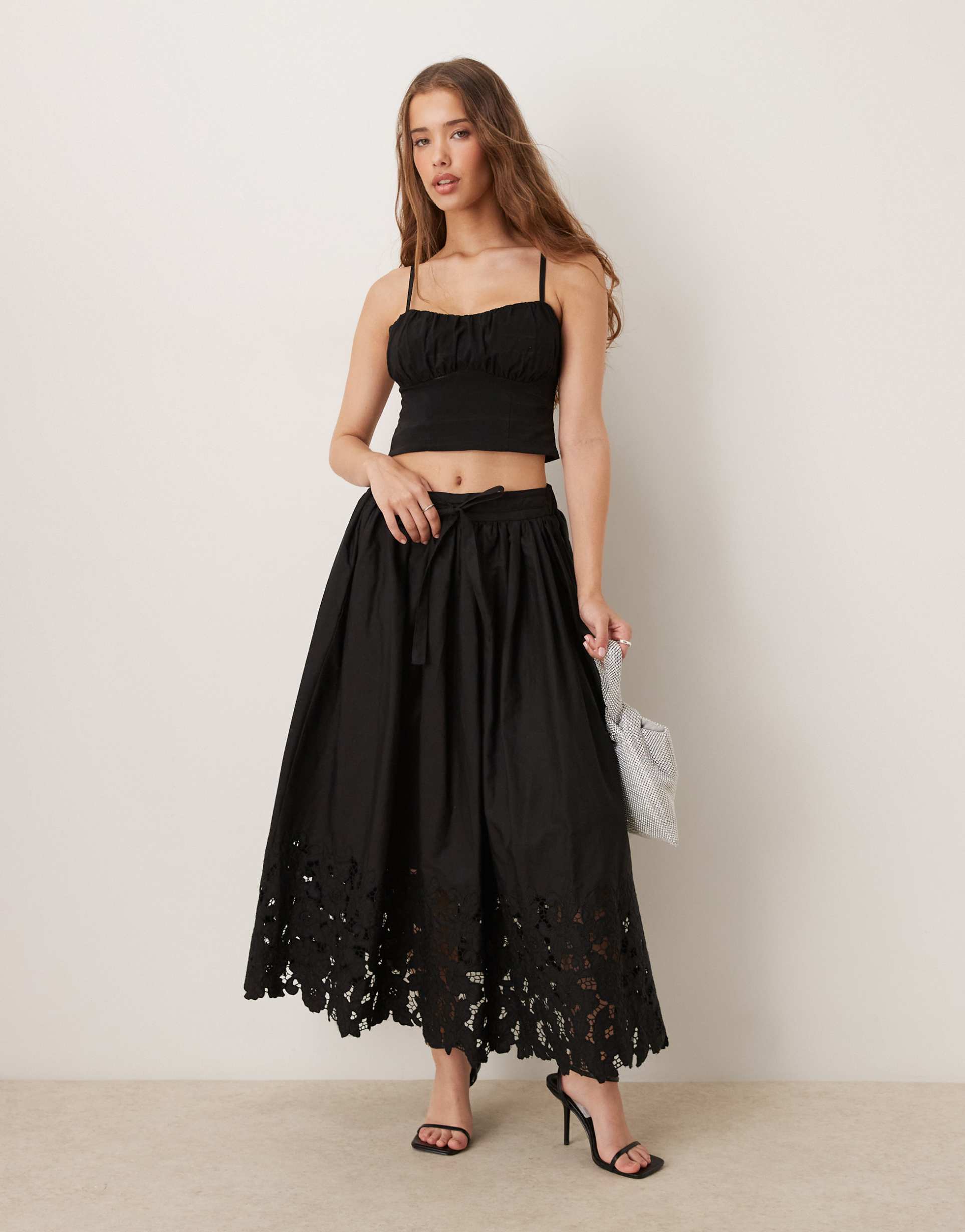 sister jane lace embroidered maxi skirt in black