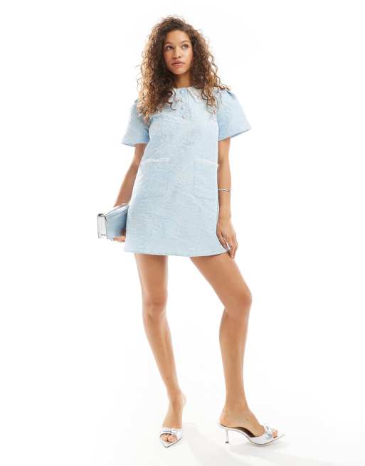 Sister Jane lace floral collar jacquard mini dress in powder blue | ASOS