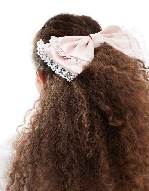 Sister Jane lace trim taffeta hair bow clip in pink (part of a set)