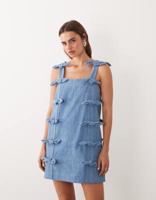 Sister Jane Larsson Denim Square Neck Bow Detail Mini Dress In Blue