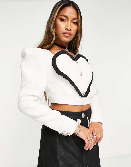 White Heart Cut Out Long Sleeve Crop Top