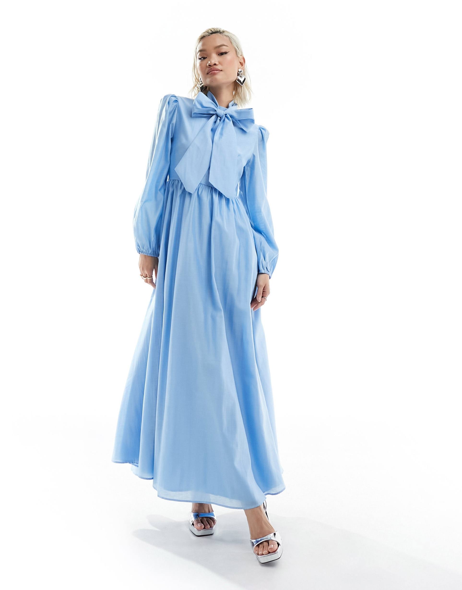 sister jane long sleeve bow midaxi dress in baby blue