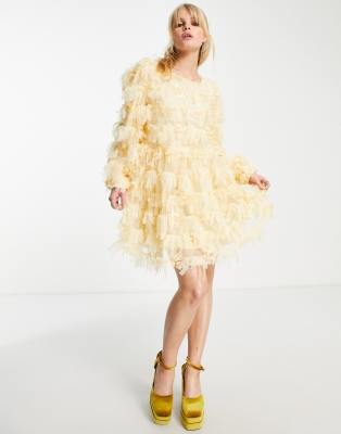 Sister Jane long sleeve mini dress with tie back in yellow ruffle - ASOS Price Checker