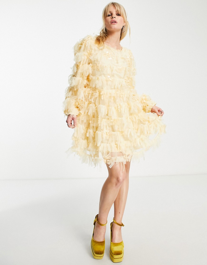 Sister Jane long sleeve mini dress with tie back in yellow ruffle