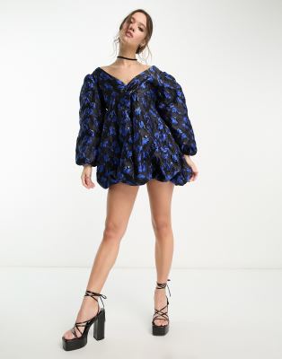 Sister Jane long sleeve plunge mini dress in cobalt floral-Blue