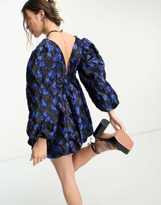 Sister Jane long sleeve plunge mini dress in cobalt floral | ASOS