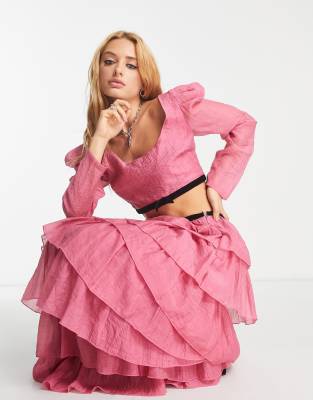 long sleeve taffeta crop top in pink - part of a set