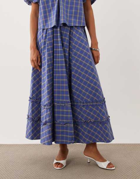 Sister Jane Lumina cotton ruffle detail a-line maxi skirt in blue plaid - part of a set - view 1