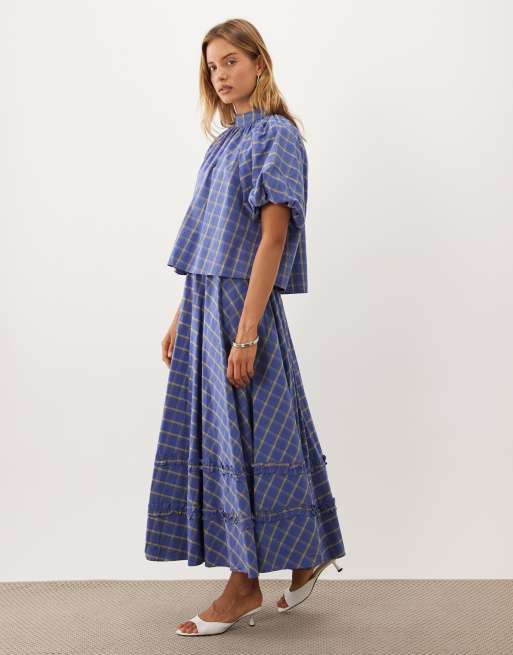 Sister Jane Lumina top coordinato in cotone con collo alto e maniche a sbuffo a quadri blu, 2 di 4