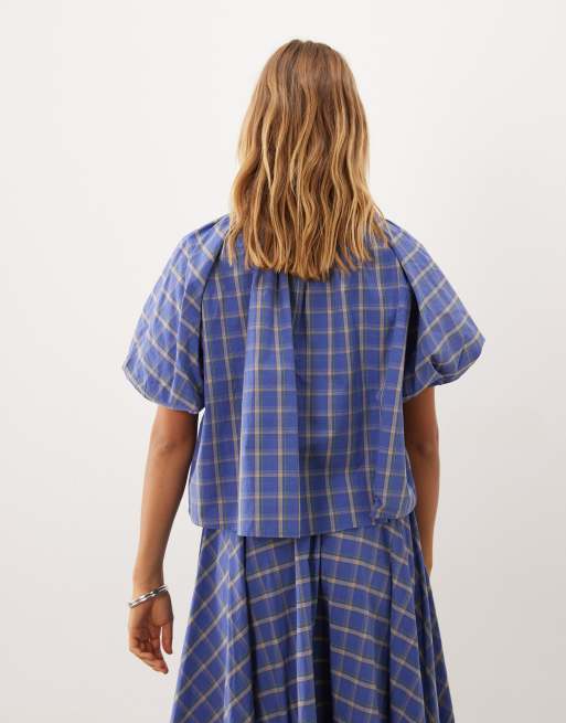 Sister Jane Lumina top coordinato in cotone con collo alto e maniche a sbuffo a quadri blu, 3 di 4
