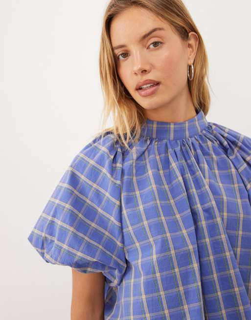 Sister Jane Lumina top coordinato in cotone con collo alto e maniche a sbuffo a quadri blu, 4 di 4