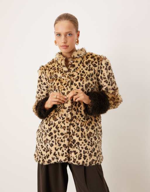 Sister Jane Malone faux fur contrast cuff coat in leopard print