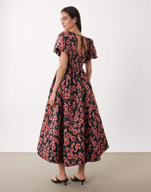 Sister Jane – Marinblå och rödblommig midiklänning i jacquard med puffärmar, 4 av 4