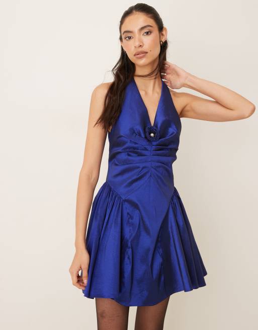 Sister Jane Marylin halter neck corsage detail ruched taffeta mini dress in blue