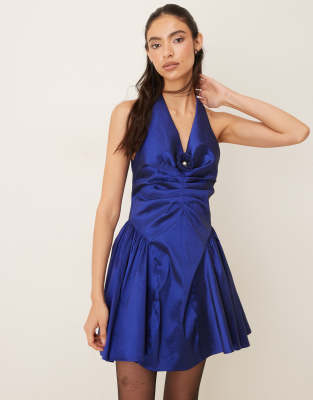Sister Jane Marylin Sleeveless Corsage Detail Hip Pleat Taffeta Mini Dress In Blue