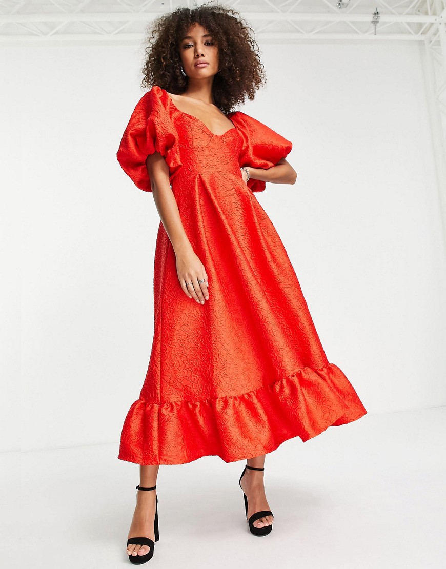 Sister Jane maxi dress with pleated hem and puff sleeves-Red