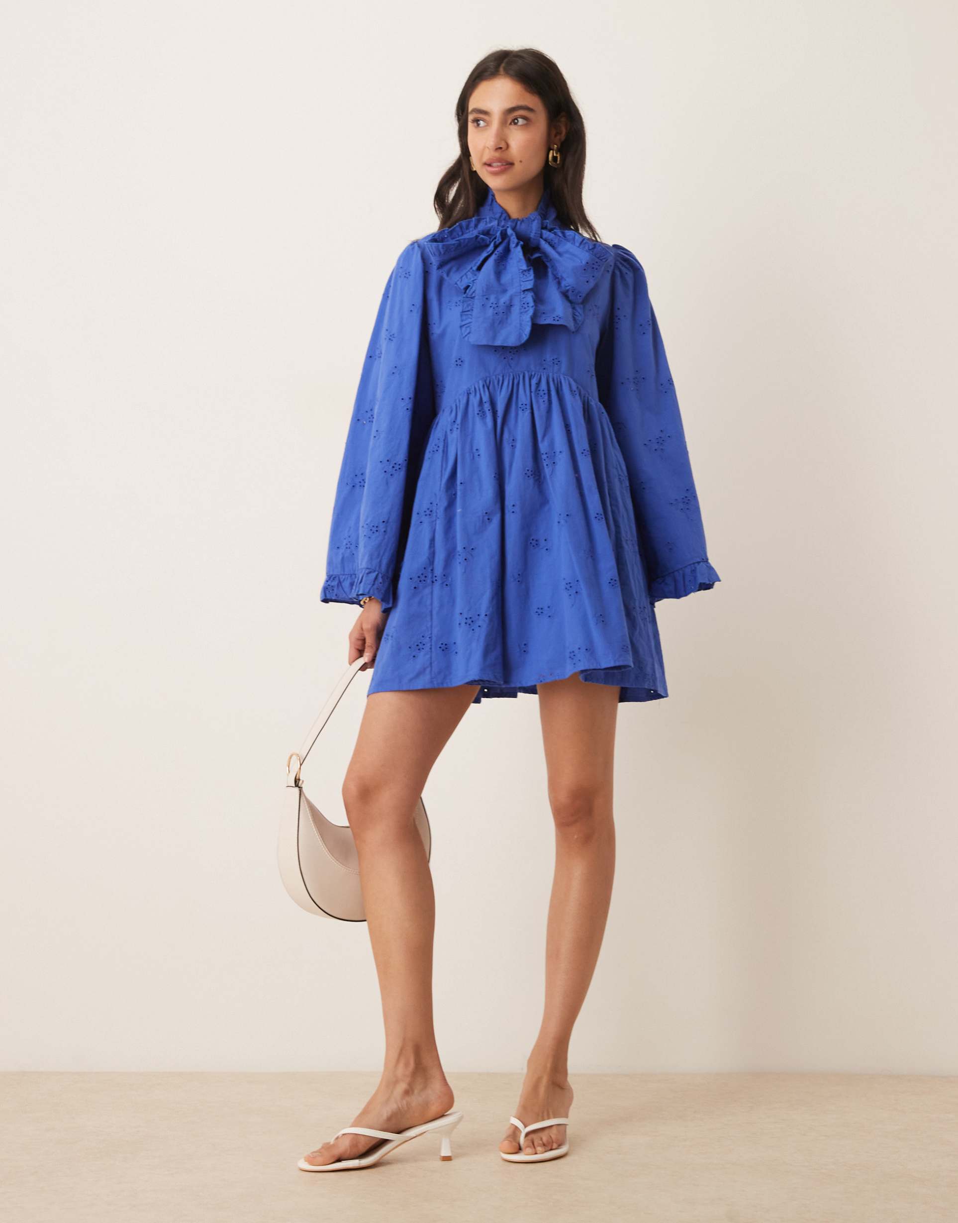 sister jane meadow bow detail mini dress in blue eyelet