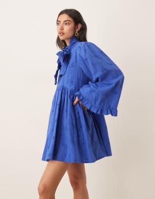 Sister Jane Meadow bow detail mini dress in blue eyelet