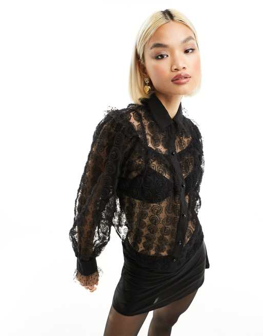 Sister Jane Medallion rose sheer tulle blouse in black