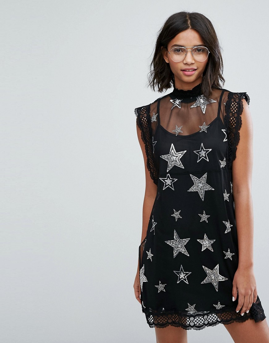 Sister Jane Mesh Dress With Sequin And Beaded Star Patches-Black