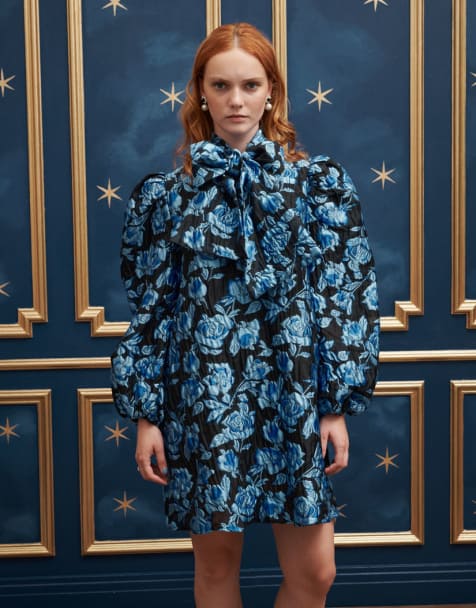 Sister Jane metallic jacquard bow front mini dress in blue - view 1
