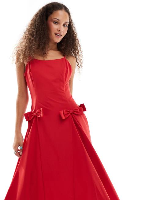 Sister Jane - Midaxi cami jurk met strikken in rood, 4 van 4