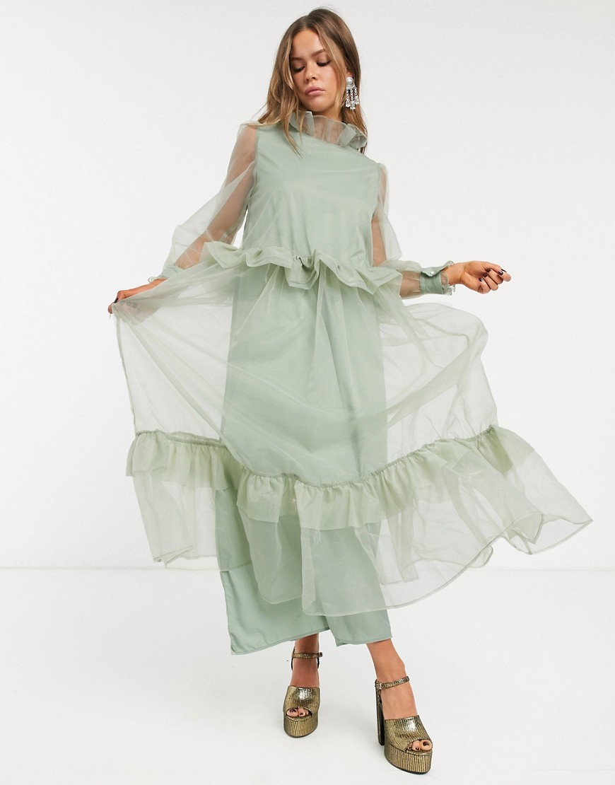 Sister Jane midaxi dress with frill tiers in organza-Green