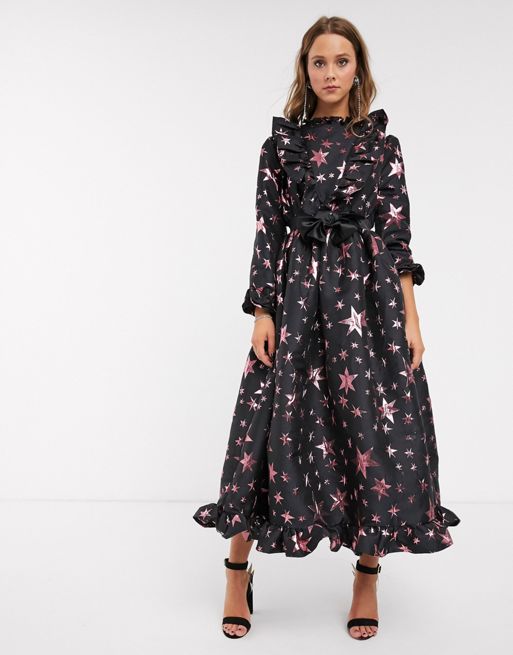 Sister Jane midaxi dress with fuffle front and full skirt in star jacquard