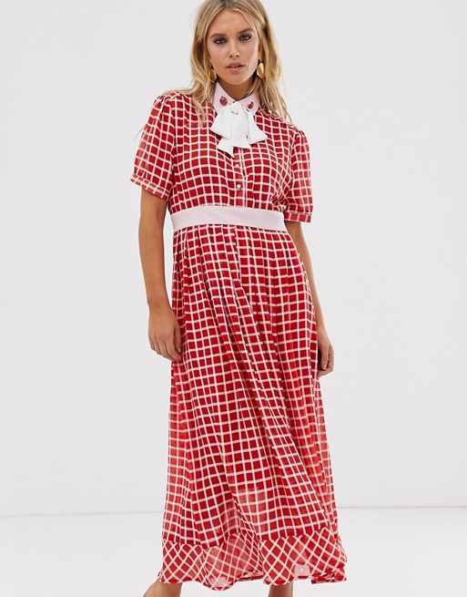 Sister Jane midaxi dress with ladybird embellished pussybow in grid check