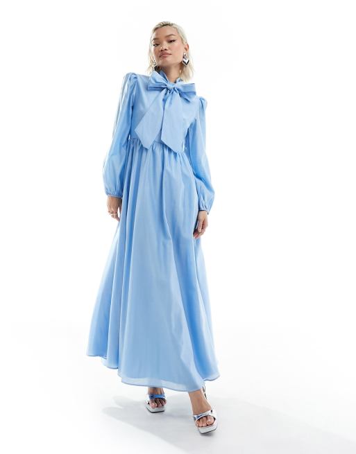 Sister Jane - Midaxi jurk met lange mouwen en strik in babyblauw
