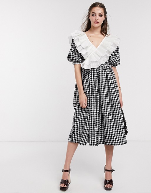 Sister Jane midi dress with puff sleeves and ruffle trim in houndstooth