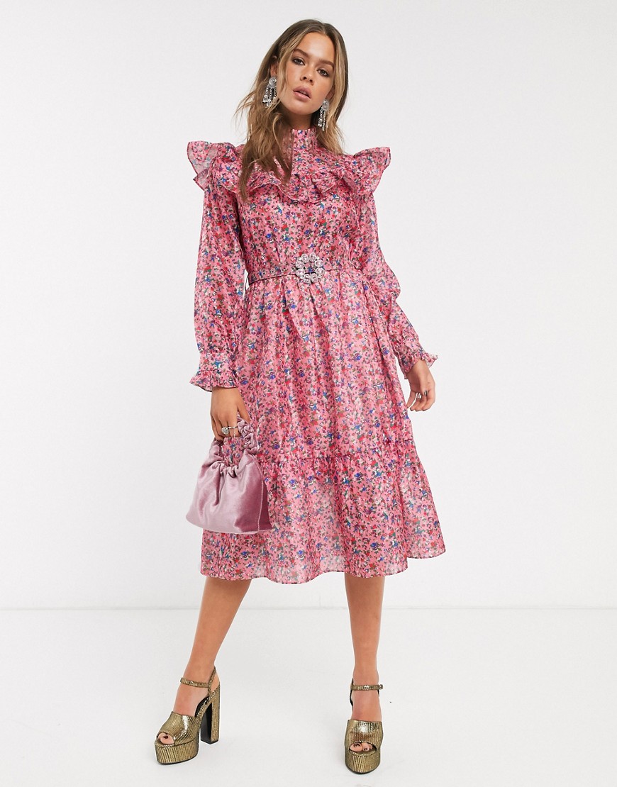 Sister Jane midi dress with ruffle bib layer and embellished belt in vintage floral-Pink