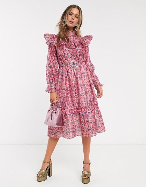 Sister Jane midi dress with ruffle bib layer and embellished belt in vintage floral