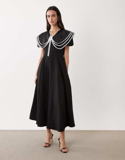 Sister Jane - Midi jurk met oversized kraag en pofmouwen in zwart - view 1