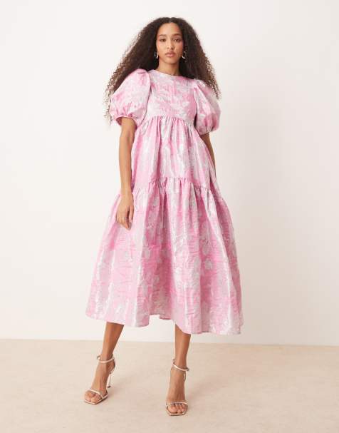 Sister Jane - Midi jurk van jacquard met pofmouwtjes in felroze bloemenprint - view 1