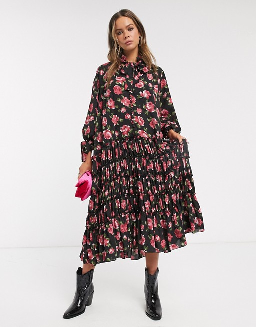 Sister Jane midi smock dress with pleated skirt in rose print
