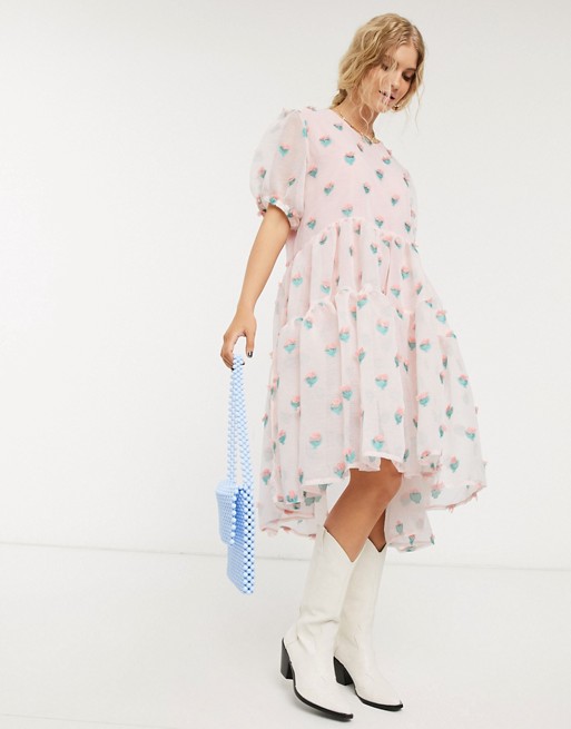 Sister Jane midi smock dress with tiered skirt in soft floral organza