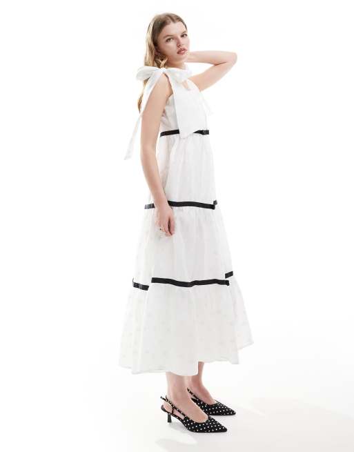Sister Jane – Midikleid aus Jacquard in Elfenbein mit Schleifenträgern