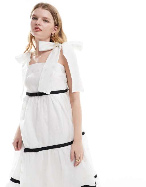 Sister Jane – Midikleid aus Jacquard in Elfenbein mit Schleifenträgern, 2 von 4