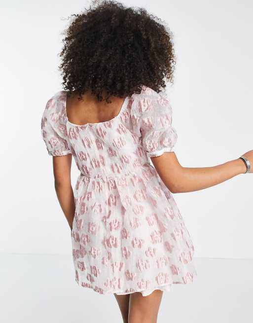 Sister Jane mini babydoll dress in pink floral jacquard with bow