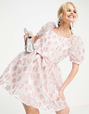 Sister Jane mini babydoll dress in pink floral jacquard with bow