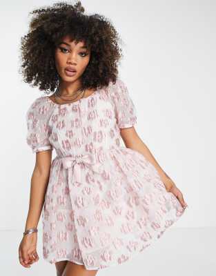 Sister Jane Mini Babydoll Dress In Pink Floral Jacquard With Bow ModeSens