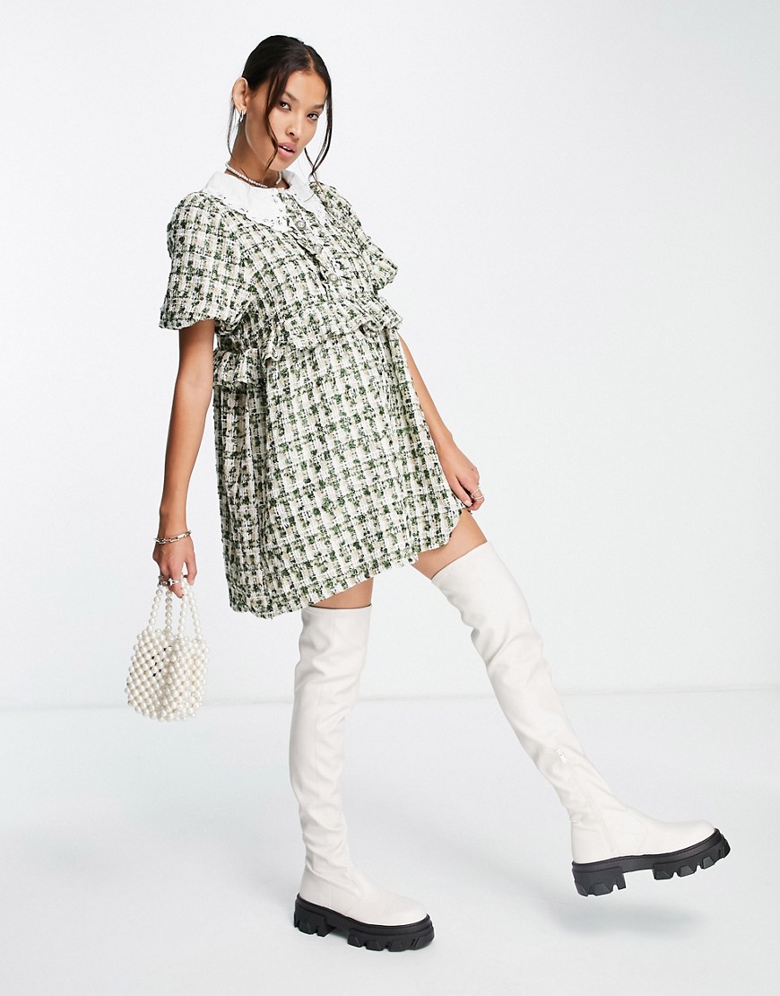 Sister Jane mini dress in tweed with embroidered collar-Green