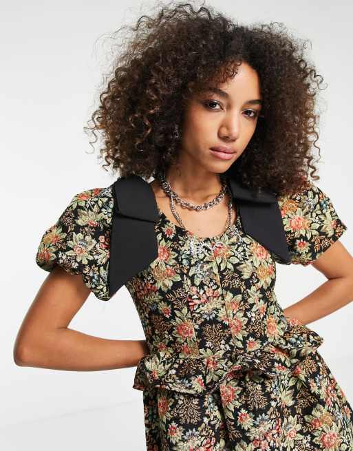 Sister Jane mini dress with tie shoulders in dark tapestry | ASOS