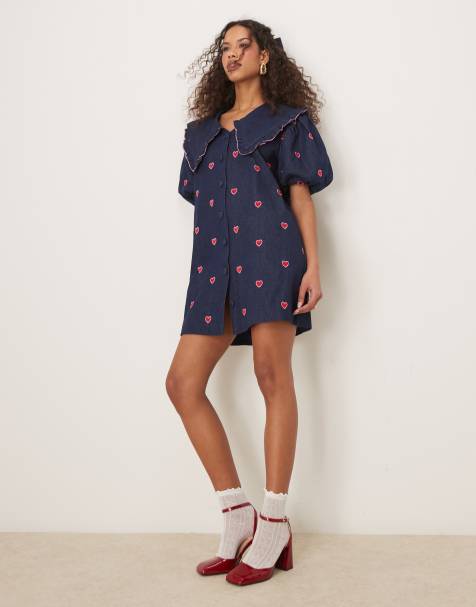 Sister Jane - Mini-jurk met hartjesborduursels in denimblauw - view 1