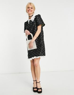 Sister Jane mini shift dress in ditsy floral jacquard with lace collar