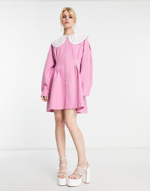 Sister Jane mini shirt dress with cinched waist and lace collar in baby pink