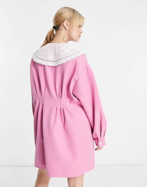 Sister Jane mini shirt dress with cinched waist and lace collar in