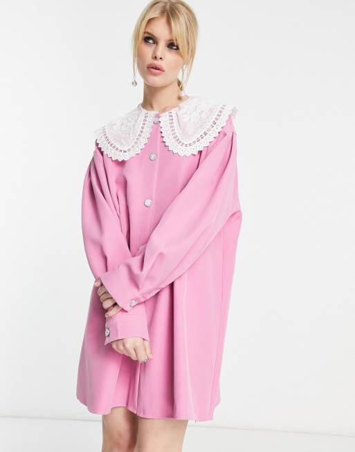 Sister Jane mini shirt dress with cinched waist and lace collar in baby pink